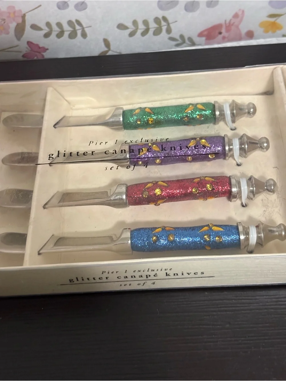 Pier 1 Imports glitter jeweled Canape knives spreads Set of 4 Nickel plated. NOS
